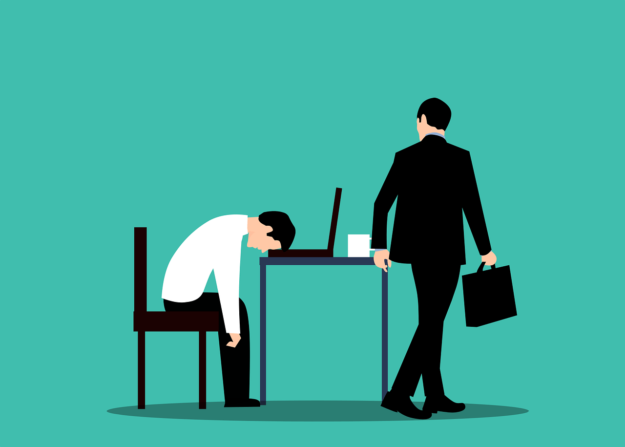 Illustration of Man resting head on desk as manager walks by observing him