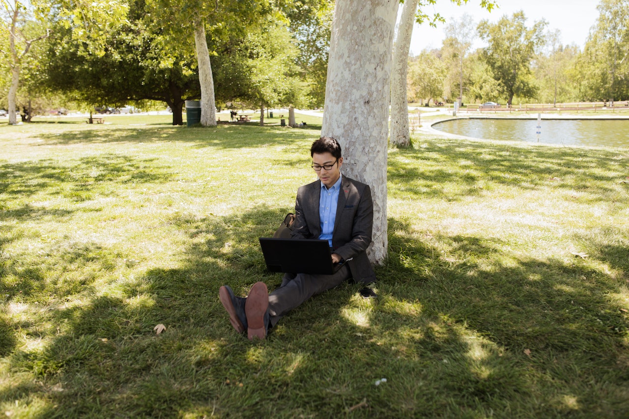 professional looking man sits under tree in park working on laptop