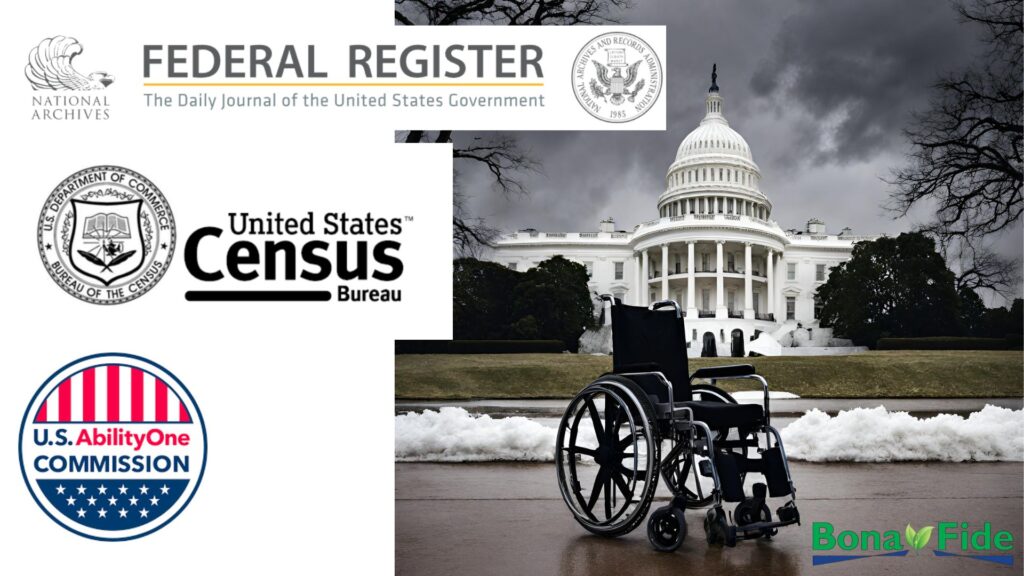 Picture of empty wheelchair outside of the whitehouse in a storm. Logos of the Census Bureau, The AbilityOne commission and Bona Fide Conglomerate