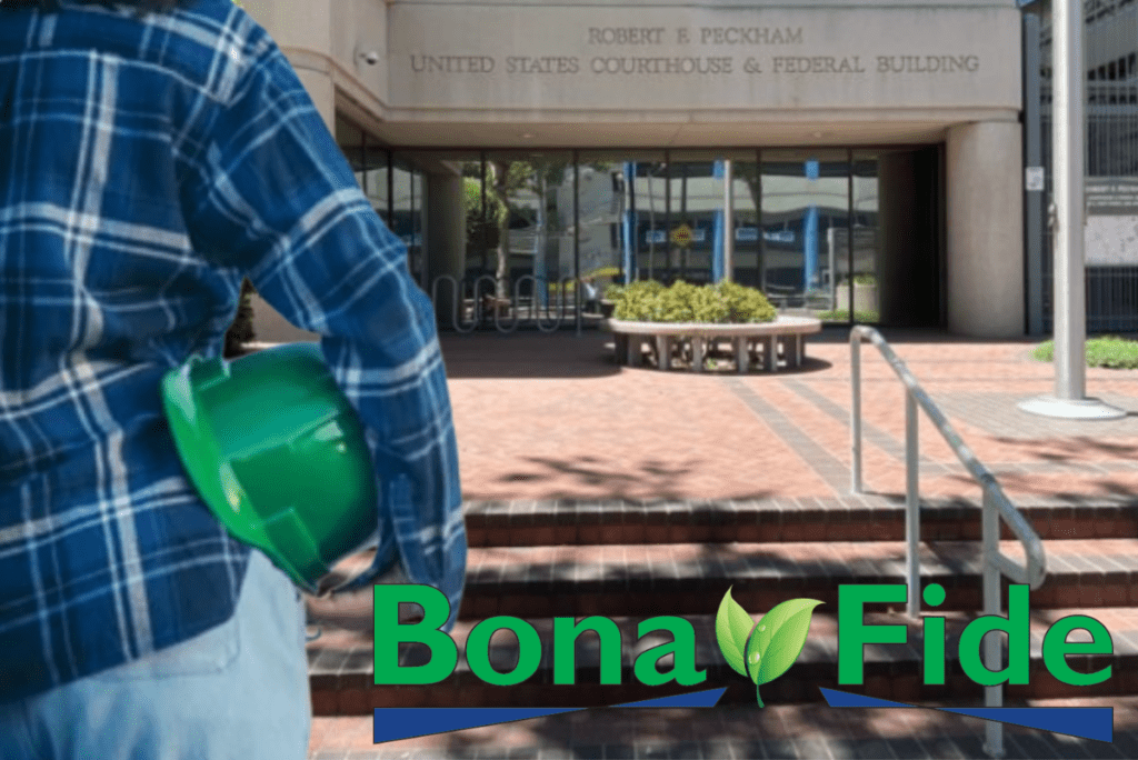 picture of the back of a woman holding a green hardhat and looking at the Robert F. Peckham Federal Building, logo of Bona Fide Conglomerate