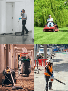 A rectangular photo divided up into 4 sections displaying a man dust mopping, another mowing a large lawn, another using a leaf blower, and a janitorial cleaning cart in a hallway