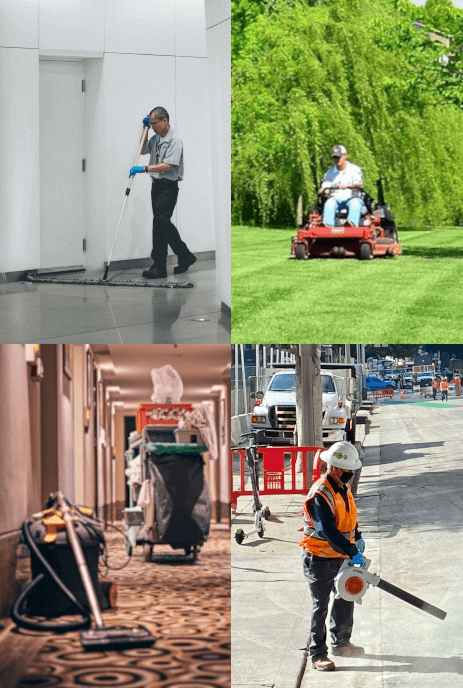 4 panel picture of people mopping, leaf blowing, mowing grass, and cleaning offices | Total facility management